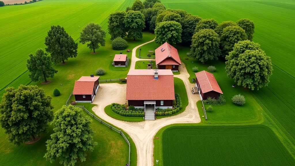 Iš aukščiau nufilmuota tradicinė lietuviška sodyba su namais, tvartais ir medžiais, rodanti visos sodybos planą