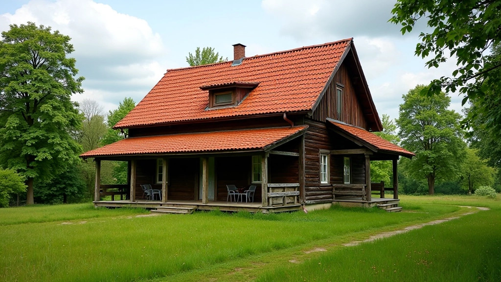 Senas medinis žemės ūkio namas su raudonais stogo čerpiais, žalia aplinka, tradicinė lietuviška sodybos architektura